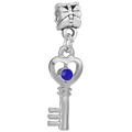 Ciondolo a chiave a cuore d'argento con cristallo blu per bracciali componibili - 024: Chiave a Cuore Argento con Pietra Blu