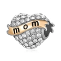 Charm de corazón de lujo con grabado de mom y cinta de oro rosa para pulseras - Estilo Corazón MOM Pavé Plateado (017)