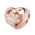 Rose gold heart bead featuring a sparkling cubic zirconia paw print for charm bracelets - Rose Gold Pave Hollow Paw (033)