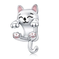 Charm chat mignon en émail blanc avec détails roses et finition en argent poli - White Enamel Waving Cat (017)