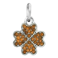 Silver four-leaf clover pendant charm with orange crystal heart-shaped petals - Orange Gemstone Clover Charm (032)