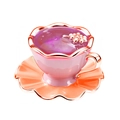 Rosafarbene tassenförmige Perle mit roségoldenem Rand und filigranen Blumendetails - Roségold Blütenblatt Teetasse