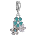 Silver flower charm with green and white enamel and sparkling blue rhinestone inlay - Green Enamel Triple Flower Style (024)