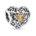 S925 silver hollow heart charm with gold crystal center for snake chain bracelets - Gold Decoration