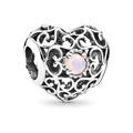 Vintage silver hollow heart charm with pink opal stone and intricate scrollwork patterns - Pink Gemstone