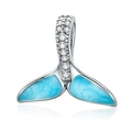 S925 silver whale tail charm with blue enamel and sparkling zircon stones for bracelets - Sky Blue Enamel Fishtail Style (017)