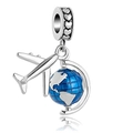 Silver airplane and blue globe charm with heart textured bail for DIY jewelry - Blue Earth Airplane Style (018)