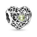 Silver hollow heart charm with light green faceted crystal for DIY snake chain bracelets - Emerald Green