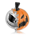 S925 sterling silver Halloween pumpkin and skeleton head charm with orange enamel finish - Halloween Pumpkin Skeleton
