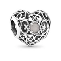 Hollow heart charm in silver finish with pink crystal for snake chain bracelets - Light Pink Gemstone