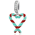 Cartoon doughnut heart charm bead in red and blue enamel stripes with silver finish - Christmas Candy Heart Shape