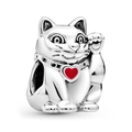 Abalorio gato de la suerte en plata con corazón de esmalte rojo para pulsera - Estilo de Gato Suerte con Corazón Rojo (036)