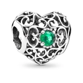 Hollow heart charm in vintage silver finish with faceted green gemstone inlay - Green Gemstone