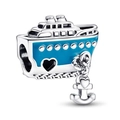 Silver cruise ship charm with blue enamel heart windows and dangling anchor pendant - Blue Enamel Cruise Ship Anchor Style (024)