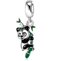 Cartoon panda on green bamboo charm bead in silver finish for DIY bracelets - Panda and Bamboo Design