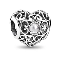 Hollow heart charm bead with vintage filigree patterns for DIY snake chain bracelets - Silver Center