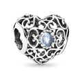 Hollow heart charm in silver finish with a sparkling blue central gemstone for bracelets - Royal Blue Gemstone