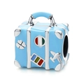 Blue enamel suitcase charm with travel motifs for DIY bead bracelets and necklaces - Light Blue Suitcase Travel Charm (026)