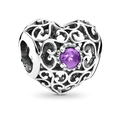 Hollow heart charm with purple crystal and vintage vine patterns for snake chain - Purple Gemstone