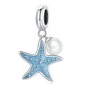 Silver ocean star charm with blue glitter and white bead for DIY bracelet necklace - Blue Glitter Starfish Pearl Charm (028)