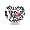 Silver openwork heart charm with a sparkling red round-cut crystal for DIY bracelets - Dark Ruby Red