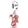Pendentif bonhomme de pain d'épices de Noël avec sucre d'orge et zircons rouges et verts - Ensemble Canne en Sucre de Noël et Bonhomme de Pain d'Épices (012)