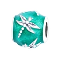 Silver bead charm featuring green dragonfly enamel relief for DIY jewelry bracelets - Emerald Dragonfly Bead (031)