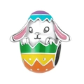 Colorful enamel Easter bunny charm with striped egg shell in polished silver finish - Rabbit Easter Egg Design