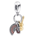 Colgantes de plata S925 con abanico de esmalte rojo, tacones altos y guitarra dorada - Conjunto de Guitarra Tacón Abanico Estilo Español (004)