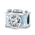 Silver camera charm pendant in light blue enamel with a large sparkling zircon stone - Light Blue Camera Big Zirconia Charm (034)