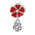 Silver bead charm featuring red enamel flowers and sparkling zircon stones for DIY jewelry - Red Enamel Double Flower Pendant (014)