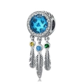 S925 silver dreamcatcher charm with blue heart stone and colorful feathered pendants - Blue Heart Gemstone Dreamcatcher Bead (036)