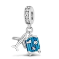 Silver travel charm with blue striped suitcase and small airplane for star bracelets - Dark Blue Striped Airplane Suitcase Charm (037)