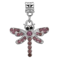 Abalorio de libélula plateada con cristales rosas y aro grande para pulseras DIY - Libélula de Strass Rosa (004)