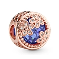 Rose gold hollow flower charm bead with blue crystal and micro-paved white zircon stones - Standard Spec / Dark Blue Style (005)