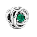 Silver-plated birthstone bead featuring emerald green crystal and twisted rope texture - Emerald Green