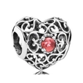 Charm cœur ajouré en argent avec pierre rouge facettée pour bracelets perlés - Cœur Creux Vintage avec Pierre Précieuse Rouge (019)