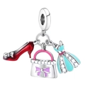 Versilberte DIY-Anhänger mit roten High Heels, lila Handtasche und blauem Kleid für Armbänder - Stöckelschuhe Handtaschen-Stil (Z-006)