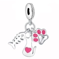 Silberner Perlenanhänger mit rosa Katzensilhouette, Fischgräte und Pfote für Schmuck - Katzen-Fischgräten-Stil (Z-005)