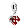 Charm maison en émail rouge avec bélière sertie de zircons, finition argentée - Style Maison 3D en Émail Rouge (025)