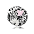 Hollow silver charm with pink enamel butterfly and white floral stones decoration - Butterfly Floral Enamel Bead (019)