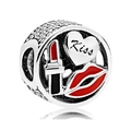 Perle charm en argent avec cœur Kiss, rouge à lèvres et lèvres rouges pour bracelet - Cœur de Rouge à Lèvres et Breloque Creuse de Lèvres Rouges (028)