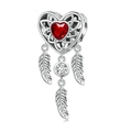 Silberner Herz-Traumfänger-Charm mit rotem Kristallherz und hängenden Feder-Anhängern - Herz Traumfänger Roter Edelstein Stil (Z-002)