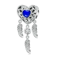 Herz-Traumfänger-Charm aus Silber mit blauem Edelstein und drei Federanhängern - Herz Traumfänger Dunkelblauer Edelstein Stil (Z-001)