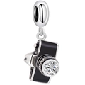 Minimalist silver camera charm bead with black enamel and sparkling round zircon stone - Black Camera Zirconia Pendant (利耀-04) / Silver Black
