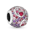 Perle charm en argent avec motifs de cœurs sertis de zircons roses et violets - Perle Sphérique en Zirconia Pavé avec Élément de Cœur Multicolore (038)