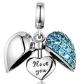 Silver heart locket charm with blue crystals and I Love You engraving for necklaces - Opening Heart Pendant (004) / Sky Blue