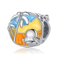 Tropical palm tree and car charm in silver with blue and orange enamel for bracelets - 015