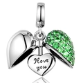 Three-part heart charm with green gemstones and I love you engraving for bracelets - Green
