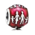 Perle cylindrique en émail rouge avec silhouette de famille pour bracelet à breloques - Perle à Thème Famille se Tenant par la Main en Émail Rouge (043)